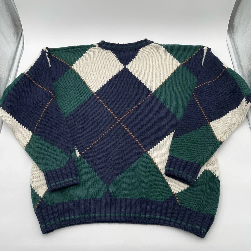 Vintage New River Co 90s Sweater Mens XL X-Large Blue Green Argyle Knit Chunky